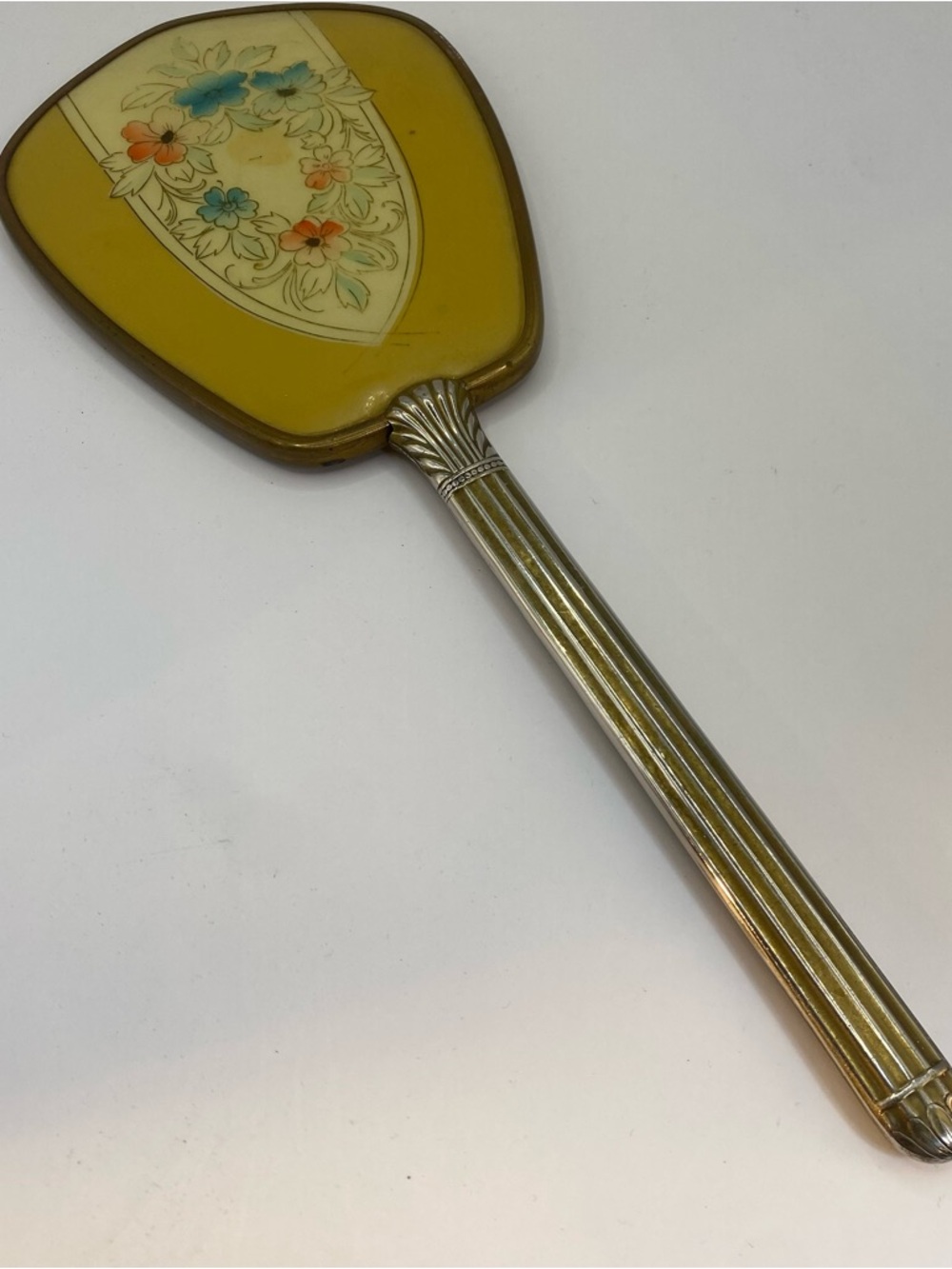 Vintage Gold Tone Floral Hollywood Regency Vanity Hand Mirror With Beveled Glass